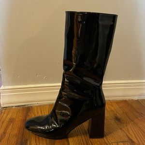 Public Desire Faux Patent Leather Square Toe Block Heel Ankle Boots